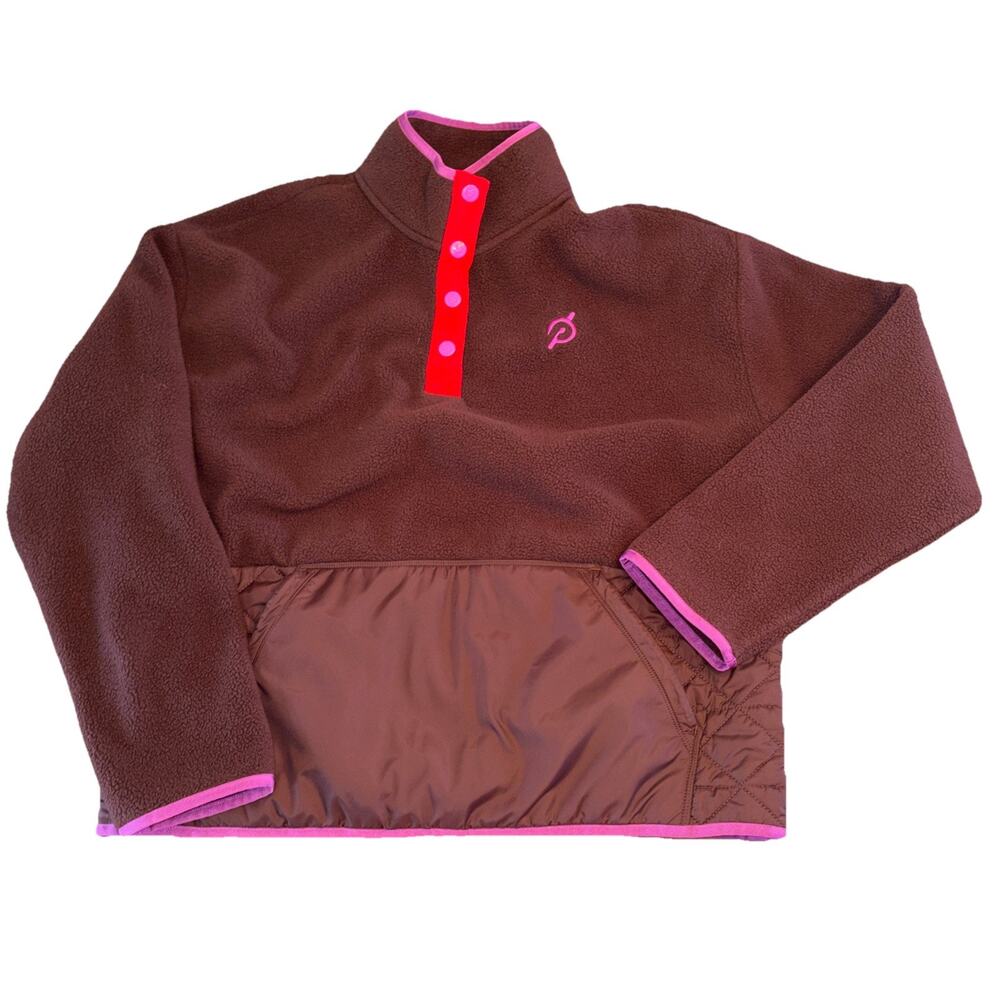 Peloton Brown Fleece Pink Purple Trim Pullover Sweatshirt Quarter Button Small